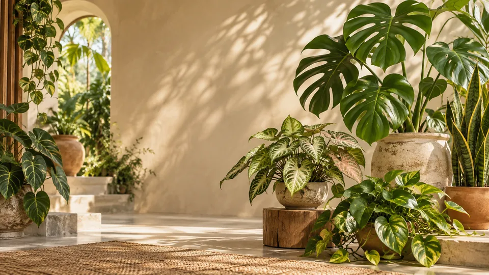 Warm editorial illustration of a sunlit tropical room filled with potted greenery