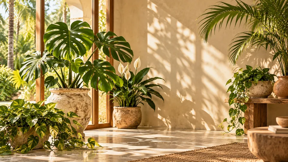 Editorial illustration of changing sunlight across a leafy tropical room