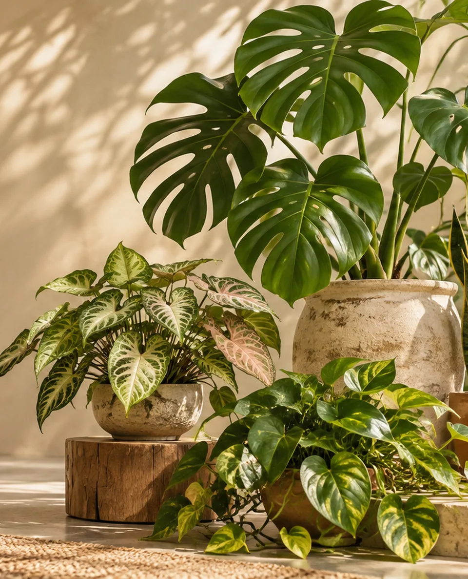 Decorative cropped botanical editorial artwork accompanying Monstera; not a specimen identification photograph of Monstera deliciosa