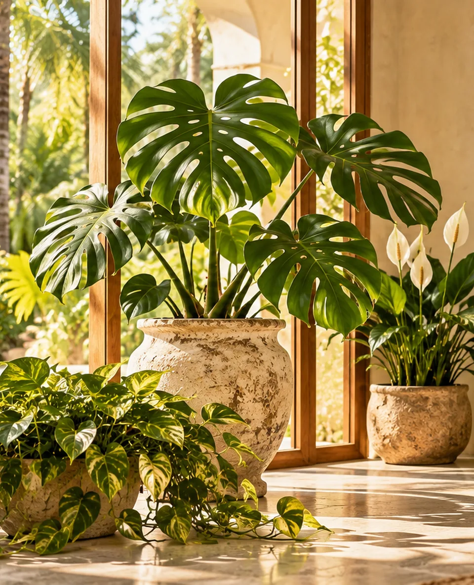 Decorative cropped botanical editorial artwork accompanying Peace lily; not a specimen identification photograph of Spathiphyllum spp.