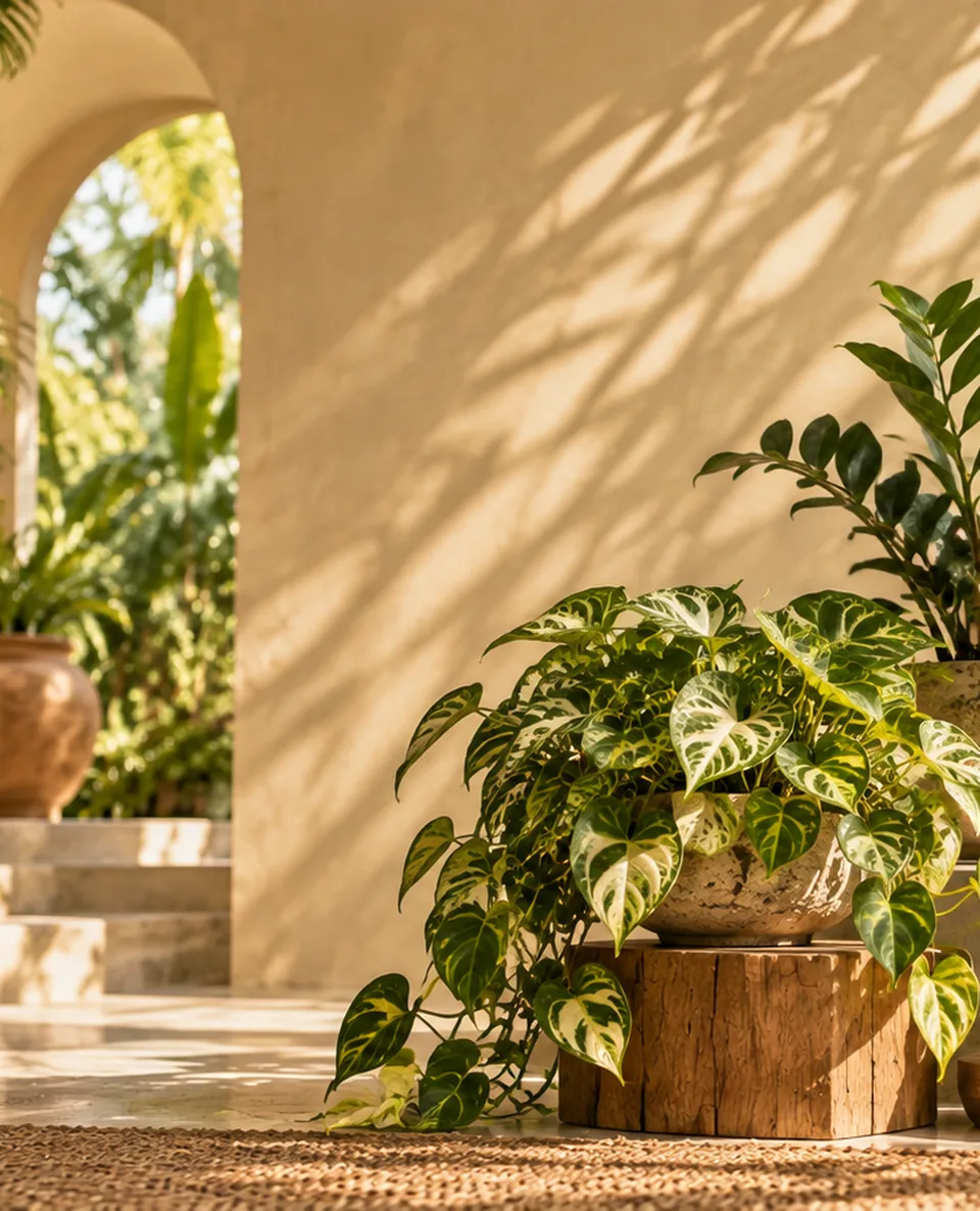 Decorative cropped botanical editorial artwork accompanying Golden pothos; not a specimen identification photograph of Epipremnum aureum