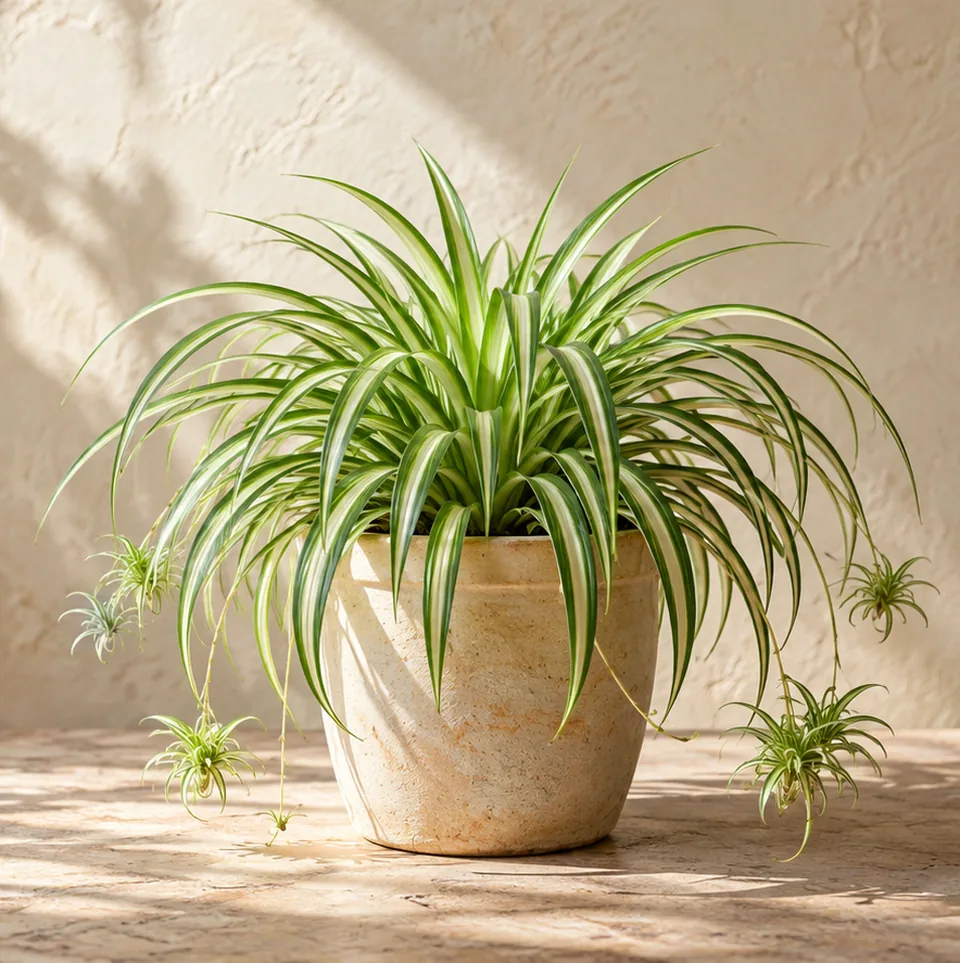 Decorative cropped botanical editorial artwork accompanying Spider plant; not a specimen identification photograph of Chlorophytum comosum