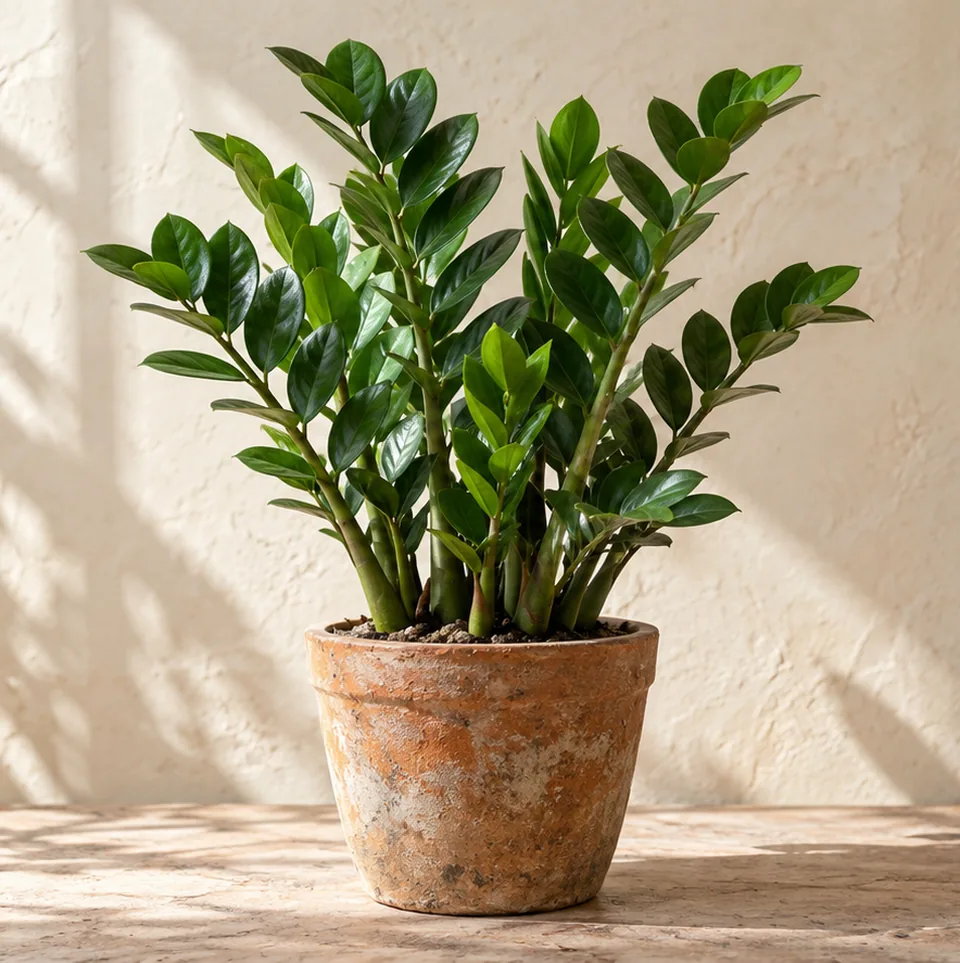 Decorative cropped botanical editorial artwork accompanying ZZ plant; not a specimen identification photograph of Zamioculcas zamiifolia